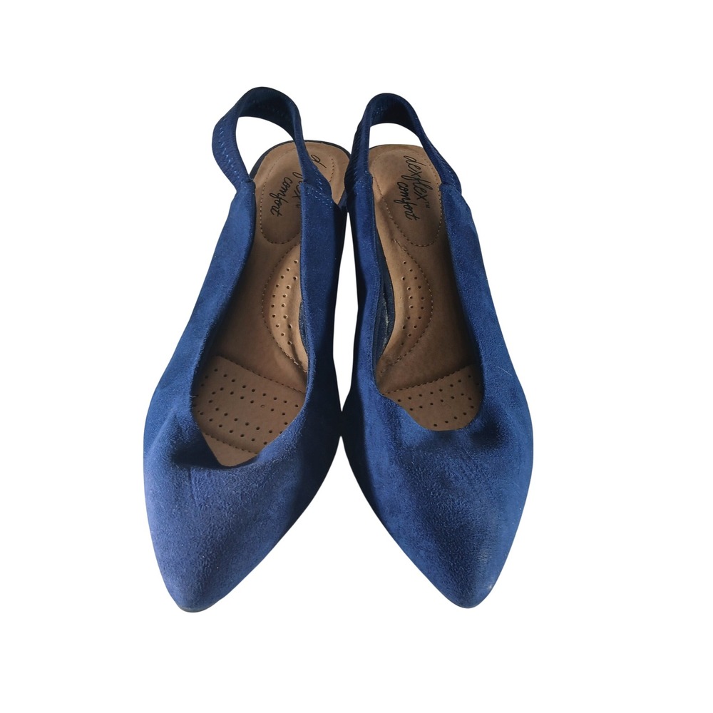 Dexflex Comfort Slingback Pumps 9 Navy Blue Block Heel Faux Suede Pointed Toe